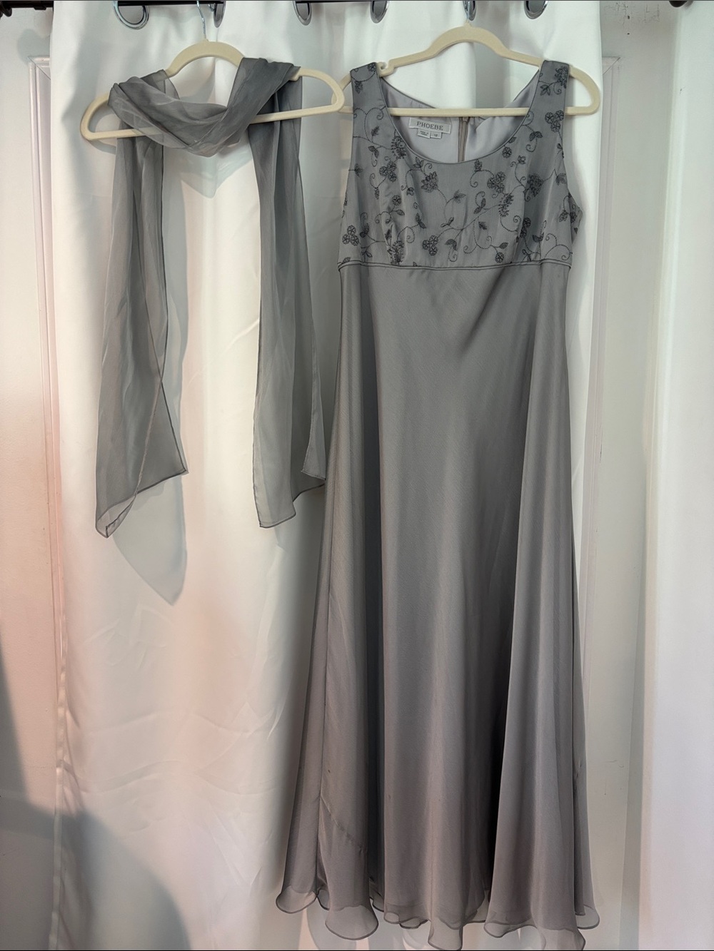 Phoebe Couture Silver-Grey Embroidered Chiffon Maxi Dress with Scarf